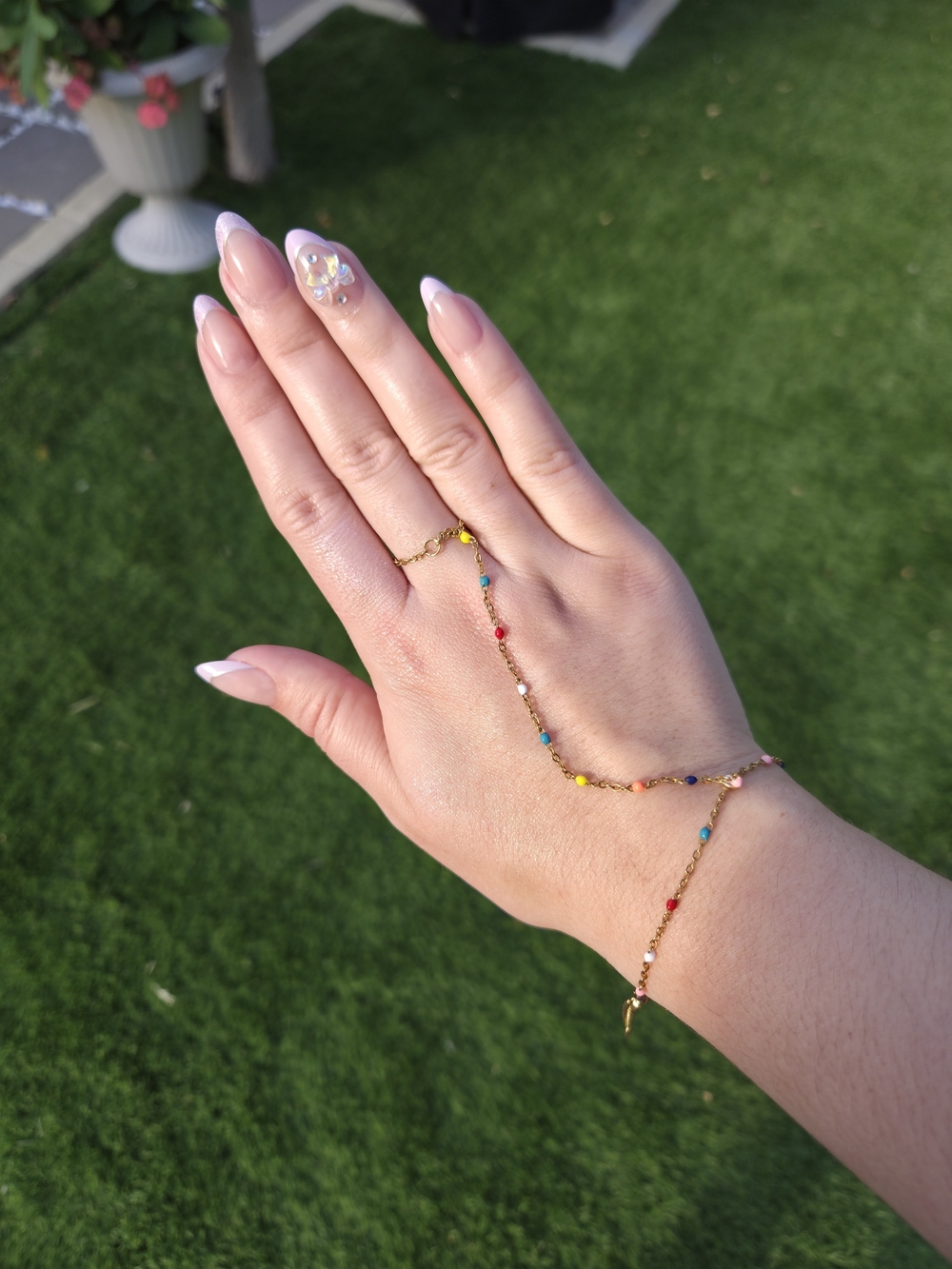 Golden Chain Ring Bracelet with Beads - Bohemian and Elegant Style